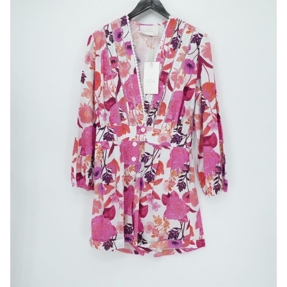 Kasia Anthropologie Romper Women XL‎ Pink Floral Long Sleeve Button Front Deep V